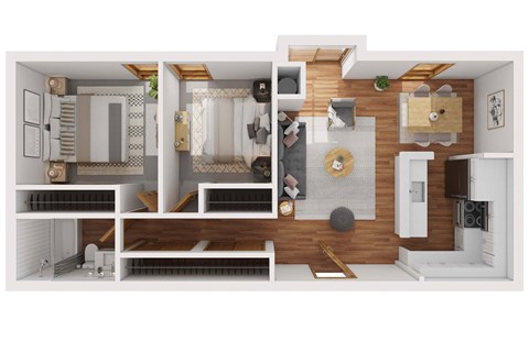 Floor plan for 2 beds, 1 bath, 1035 sqft